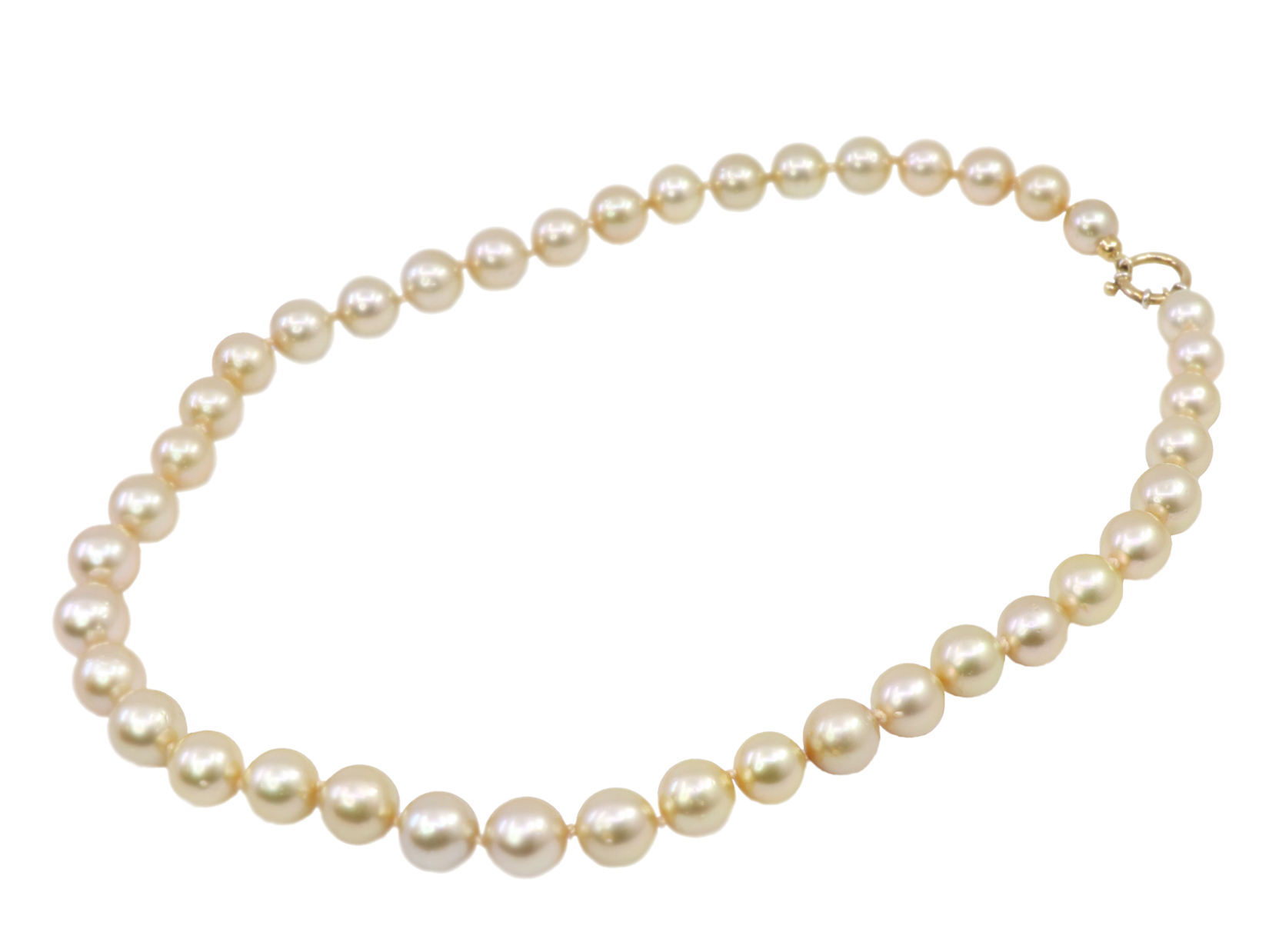 Girocolo a degradare, perle gold roud picchettate, calibro 11,5-9,5; chiusura oro 18kt., tot. gr. 68,8