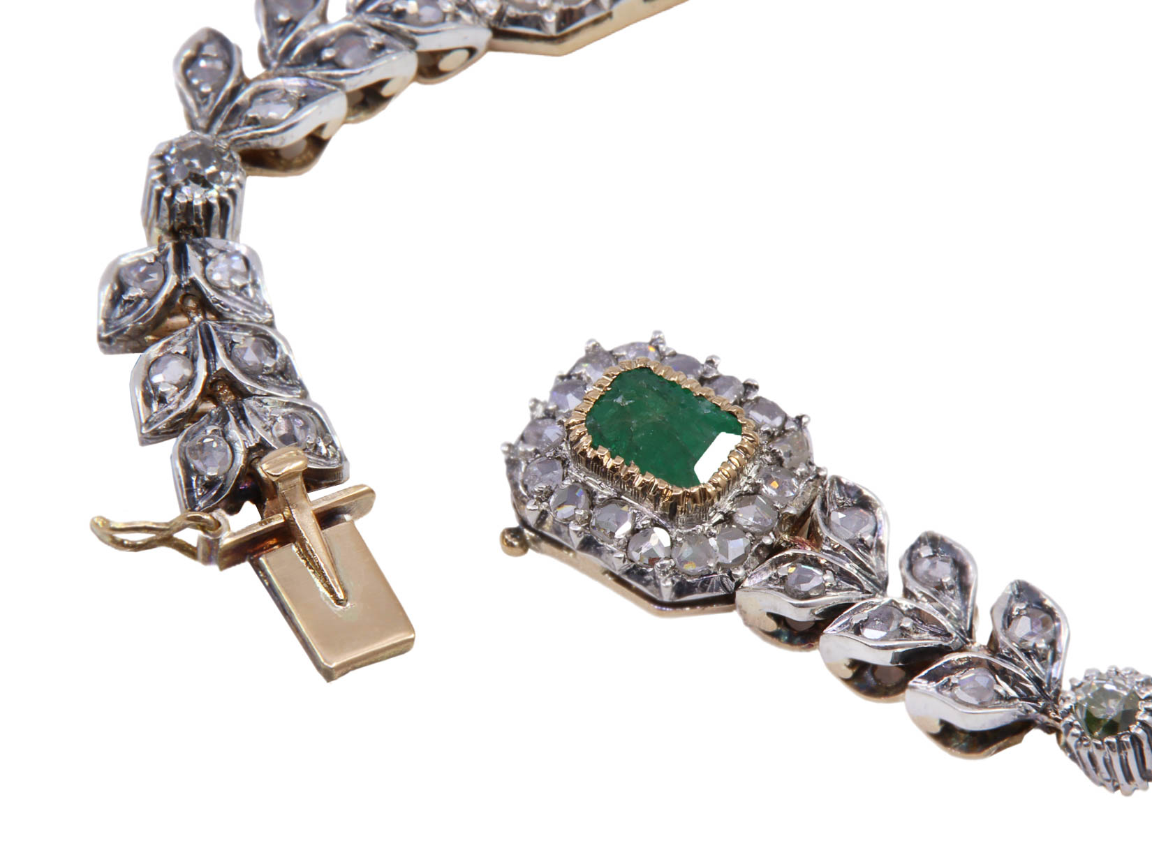 Bracciale stile antico 9kt con diamanti e pietre verdi, gr.22.0 