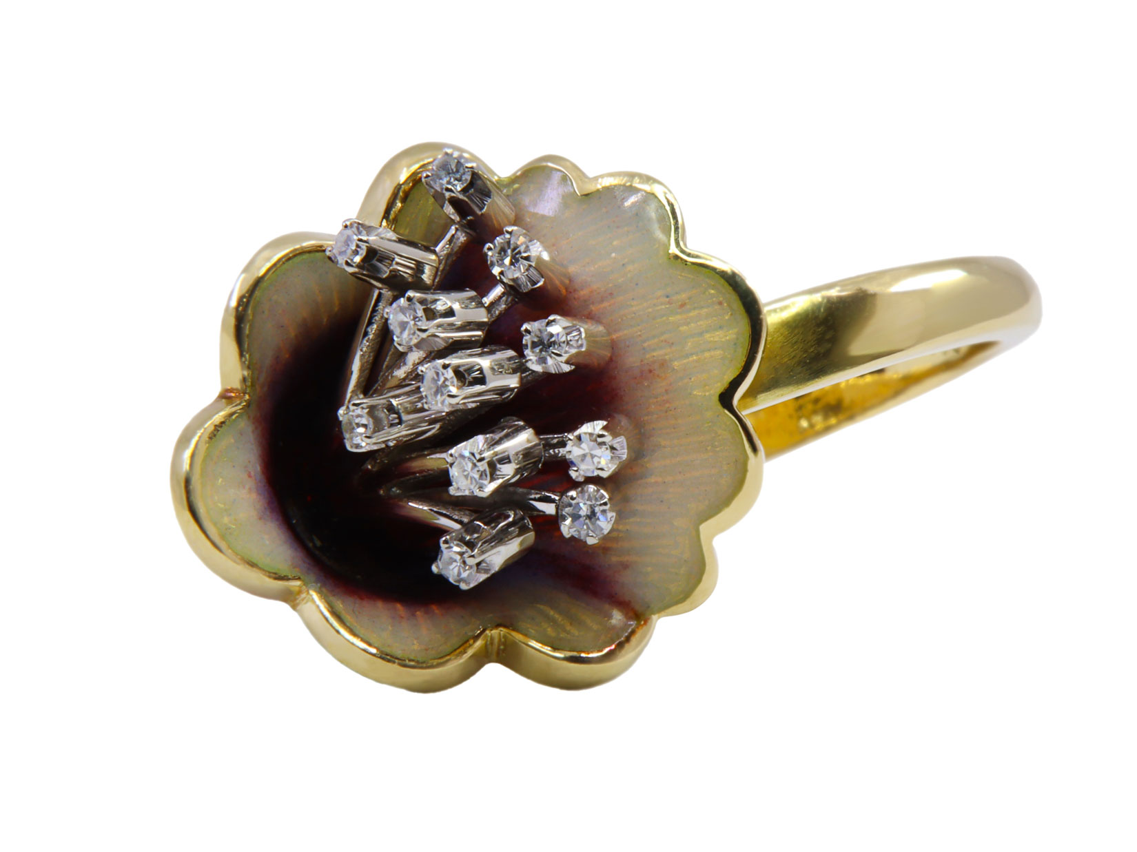 Anello oro 18kt con smalti a forma di giglio piccoli diamanti tot. gr. 13,2