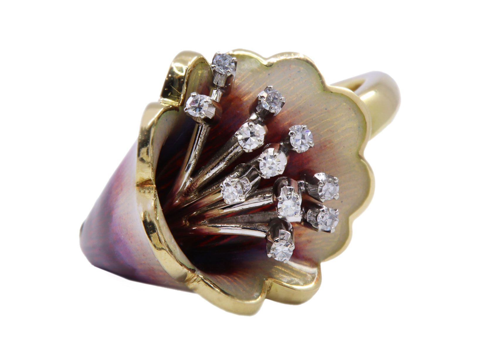 Anello oro 18kt con smalti a forma di giglio piccoli diamanti tot. gr. 13,2