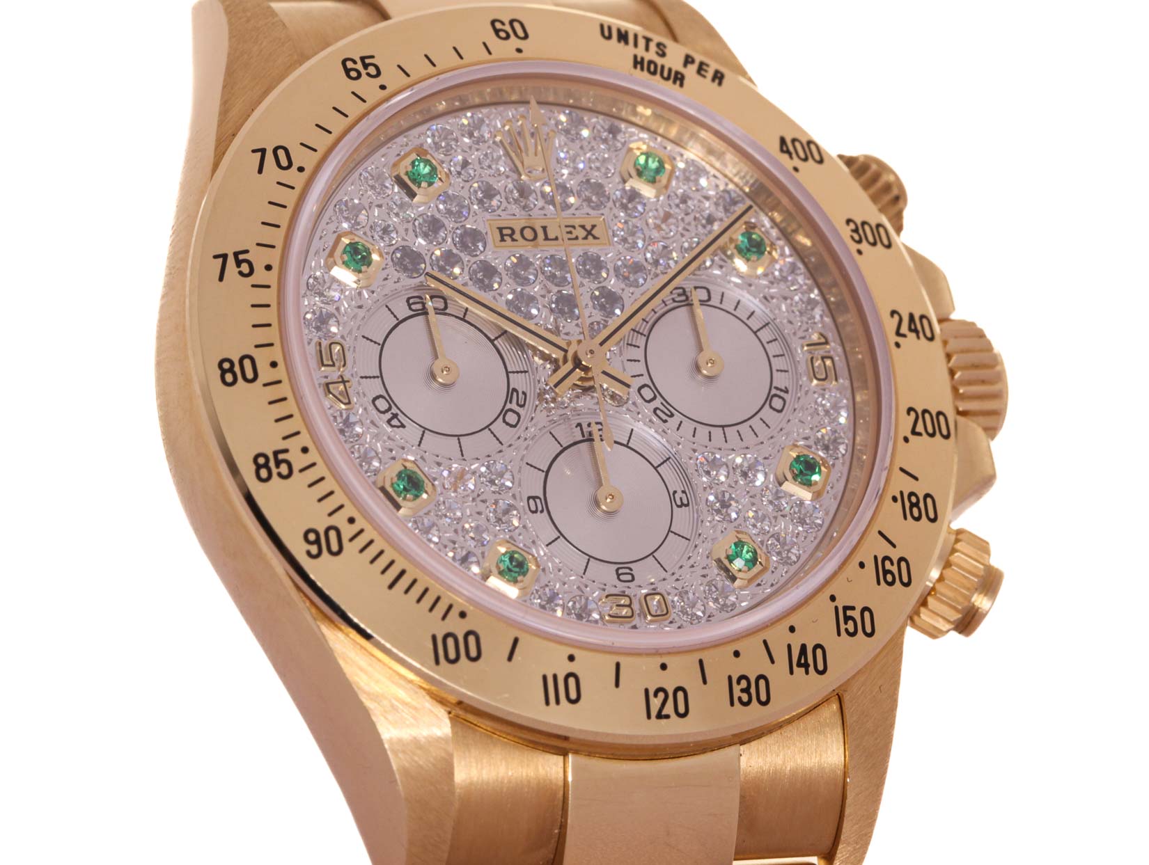Rolex Daytona ref:16528 - 18kt Yellow, Full Pavè XL 8 emerald (Rolex), Rolex Box & Papers (1997), Official Service exp. 01/2026