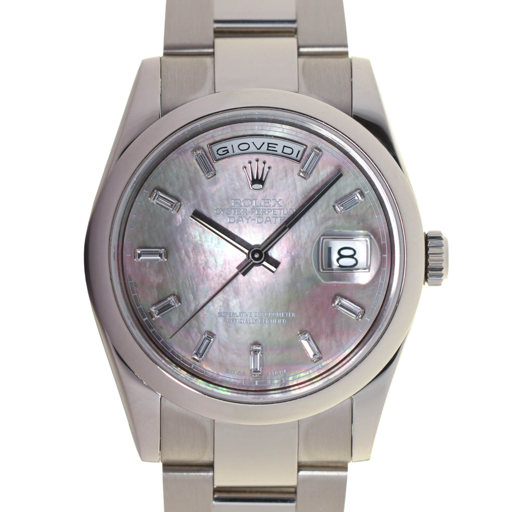 Rolex 118209 Day Date, Mother Of Pearl Diamonds,  18 kt white Gold, Rolex Warranty, Our Box, 09/2005
