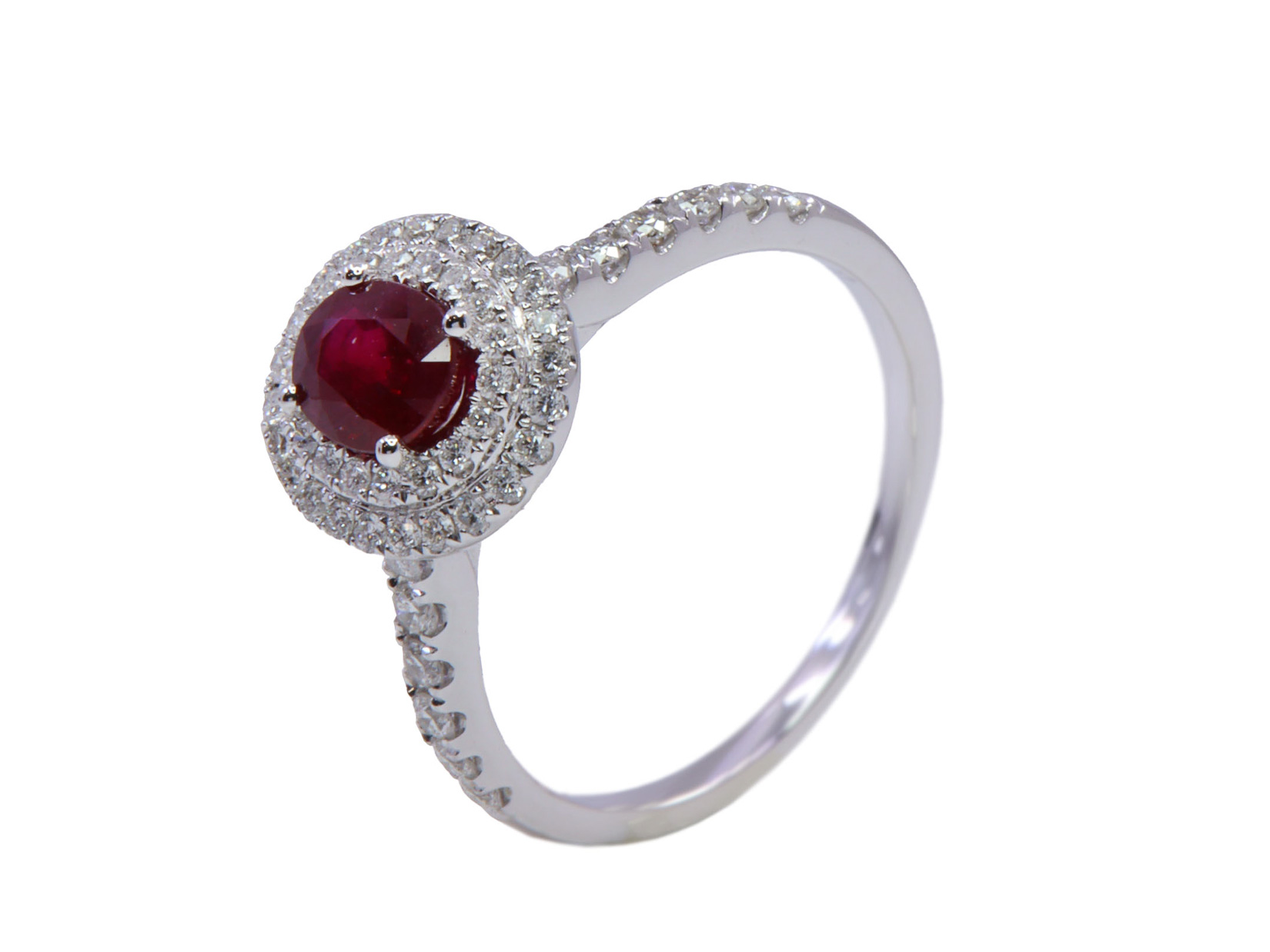 Anello in oro bianco con Rubino centrale taglio ovale ct.0.84 e brillanti Ct.0.46 F/G VVS - Gr.3.50