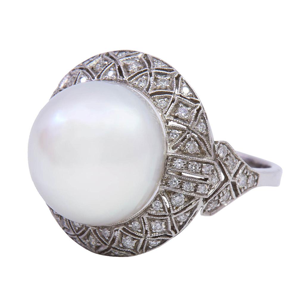 Anello perla stile decò - Brillanti 0,4ct. G-VS in oro 18kt.