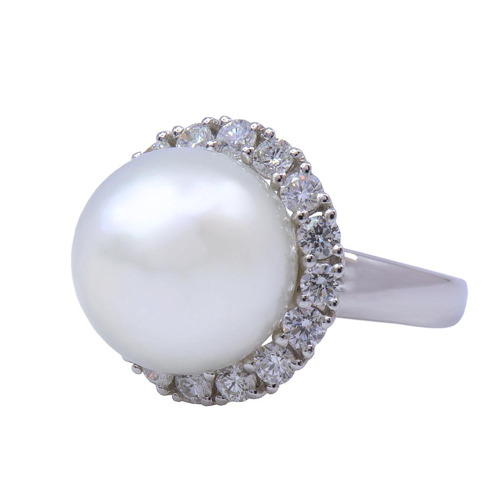 Anello perla - Brillanti 1,31ct. G-VS in oro 18kt. peso totale 8,7gr